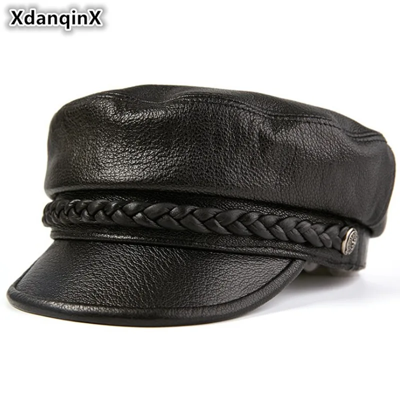 Billig XdanqinX Echtem Leder Hut Elegante frauen Armee Militär Hüte Herbst männer Flache Kappe Schaffell Leder Schwarz Marke Hysterese kappe