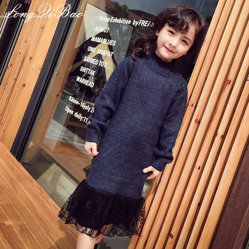 

Longqibao2018 new girls stitching sweater dress autumn and winter sweater sweater head warm lace sweater fashion dress