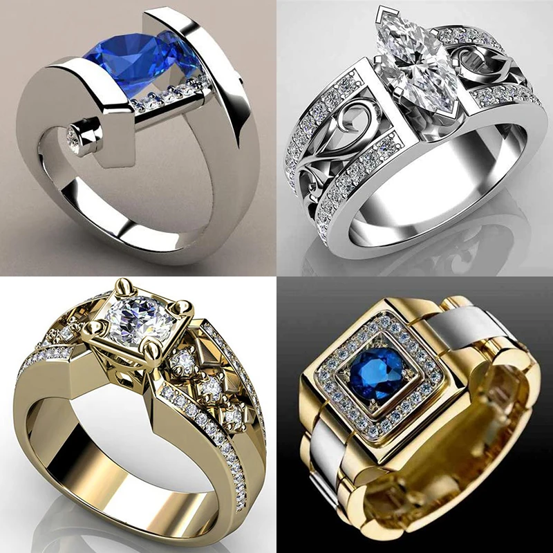 

Unique Style Small Blue White Zircon Stone Ring Male Female Yellow Gold Wedding Band Jewelry Promise Rings For Men And Women