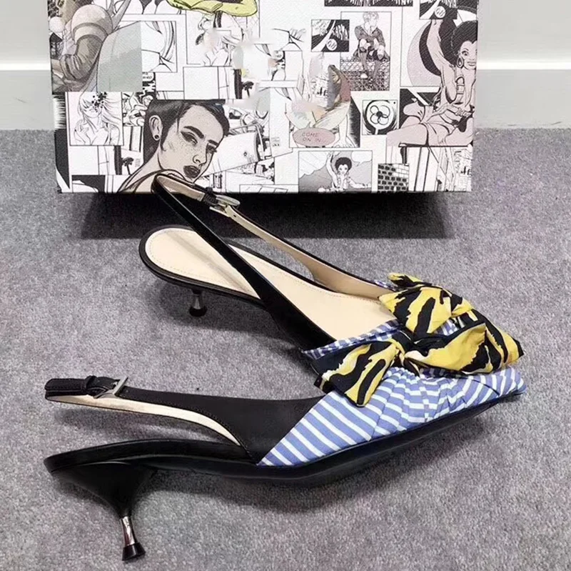 

Carole levy 2019 New Design Light Blue Striped Cloth Bow-knot Decor Sandals Female Sexy Pointed Toe Cat Heels Woman Shoes Summer
