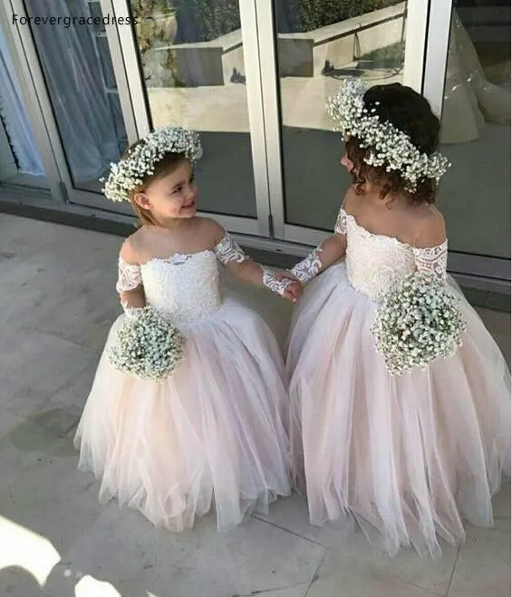 2019 Lovely Kids Flower Girl Dresses For Country Garden Summer Boho Weddings A Line Sheer Long Sleeves Off Shoulder Kids Teens Party Gowns  89 (1)