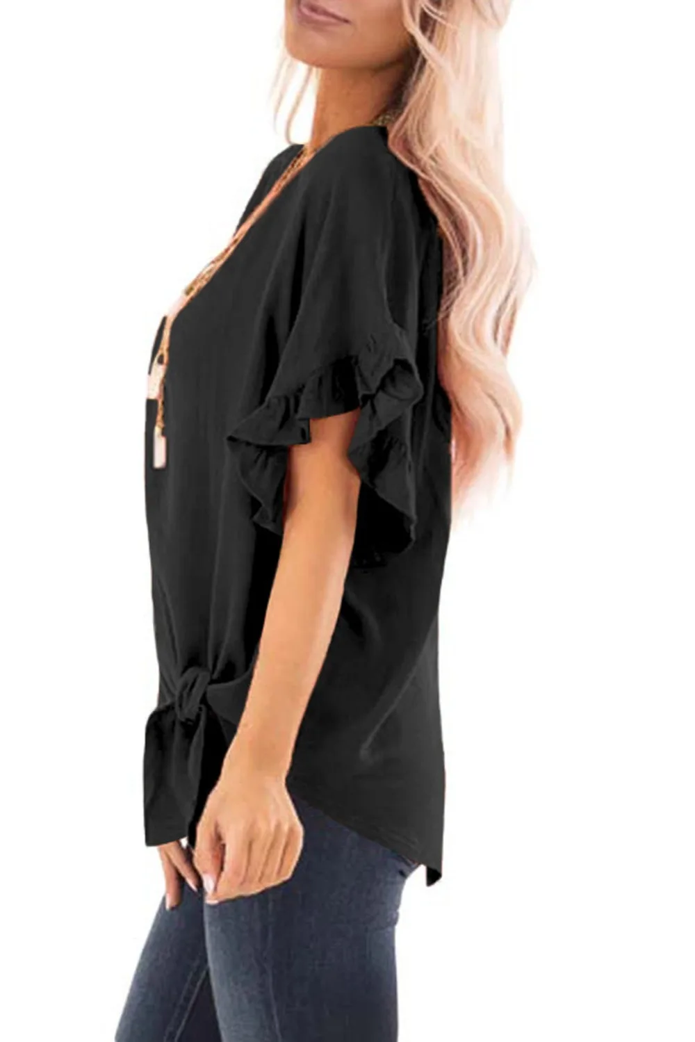 Black-Ruffled-Sleeve-Blouse-with-Front-Knot-Detail-LC251838-2-3