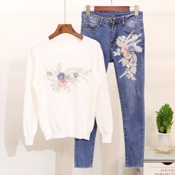 

Autumn Woman's Sets Women Casual Two Piece Embroidery Sequins Flowers Knited Sweater Top+Jeans Suits Slim Jeans Female Pants Set