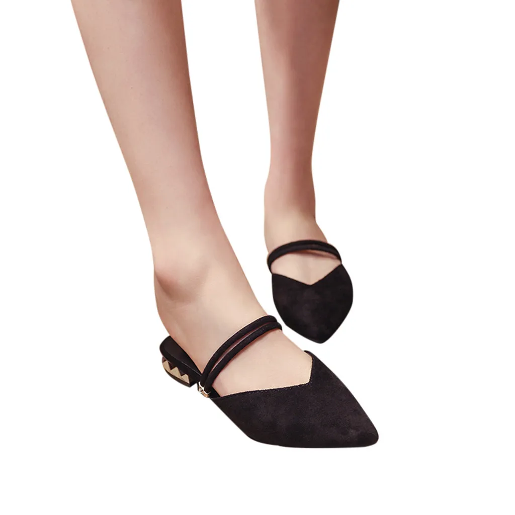 

Brand 2019 Flock Summer Women Ladie Pointed Toe Flats Square heel Shoes Half Slippers Female Mules Loafers Shoes plus size 37-44