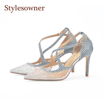 

Stylesowner 2018 Newest Wedding Shoe Silver Cross Belt Bling Glitter Stiletto Pumps Rhinestone Mesh Transparent Sandal Shoe