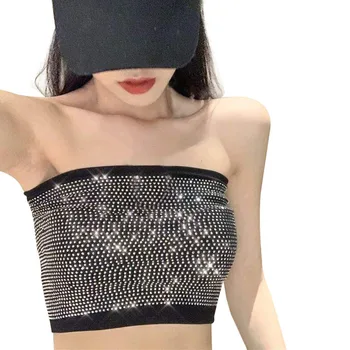 

B 2020 Tube Top Women Flash-Studded Sexy Slim Wrapped Chest Wrap Top Stretchable Night Club Drilling Bandeau Top Strapless Top