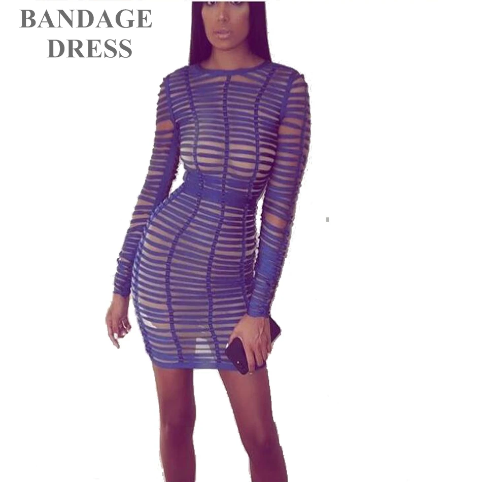 2017 The Newest Summer Sheer Sexy Bandage Dress O Neck Long Sleeve 