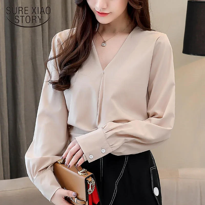 Fashion woman blouses V neck chiffon blouse 2019 spring apricot color