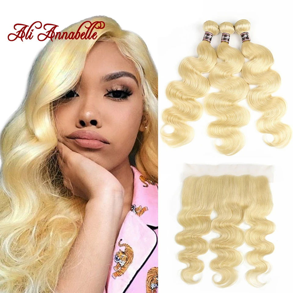 

Mongolian Body Wave Bundles With Frontal Human Hair Bundles With Closure Blonde 613 Lace Frontal Closure With 3 Bundles Weave