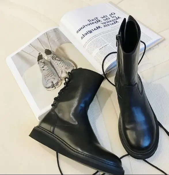 

Drop Shipping Cheap High Quality Girls Pu Solid Black Round Toe Zipper Lace Up Back Mid-calf High Top Flat Martin Short Boots