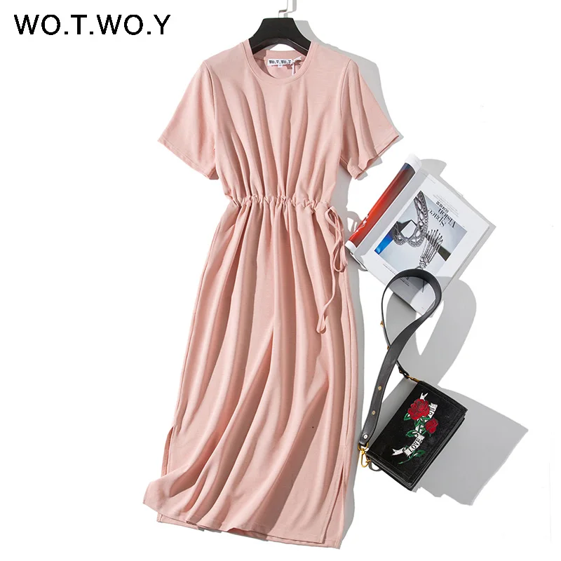 Online WOTWOY Camiseta larga vestidos de verano de mujer de fajas cintura corto Casual o Cuello de manga corta suelta tobillo longitud vestido de mujer rosa de algodón