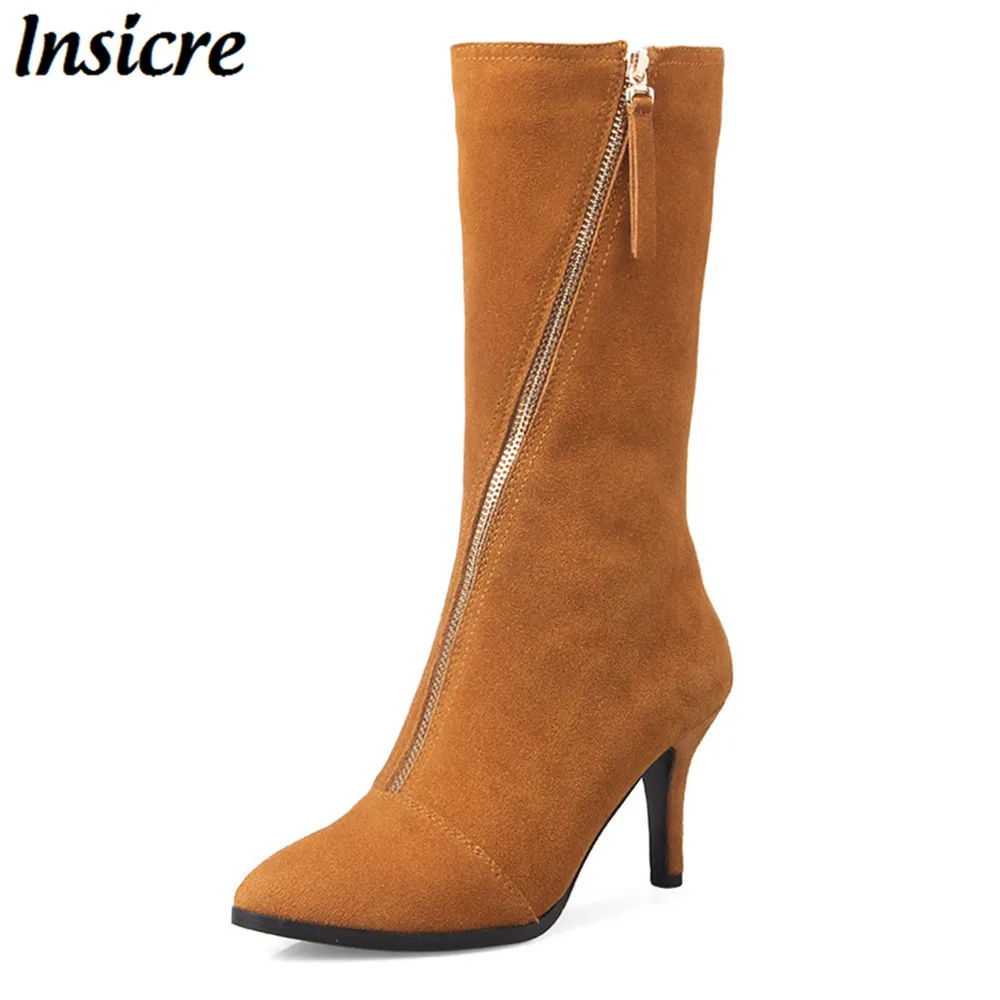 

Insicre fashion women winter boots cow suede autumn/winter big size 32-43 zipper mid-calf women boots pointed toe heel 8 cm