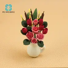 1:12 Кукольный домик миниатюрные глиняные цветы ручной работы тюльпан зелень белая керамическая ваза