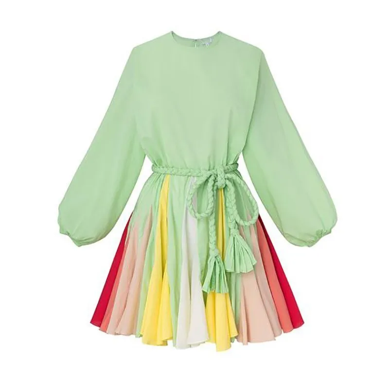 green TWOTWINSTYLE весеннее популярное цветное лоскутное женское платье с круглым вырезом и пышными рукавами бандажные платья женские Повседневная винтажная мода - Цвет: green