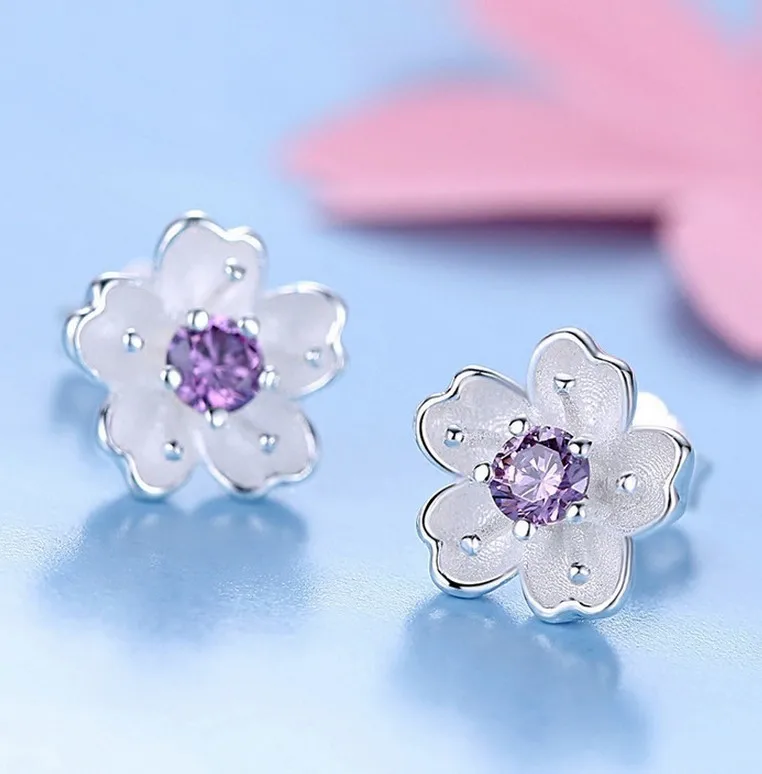 

925 Sterling Silver Cherry Blossoms Flowers Earrings For Women Female Statement Jewelry Brincos Pendientes joyas de plata 925