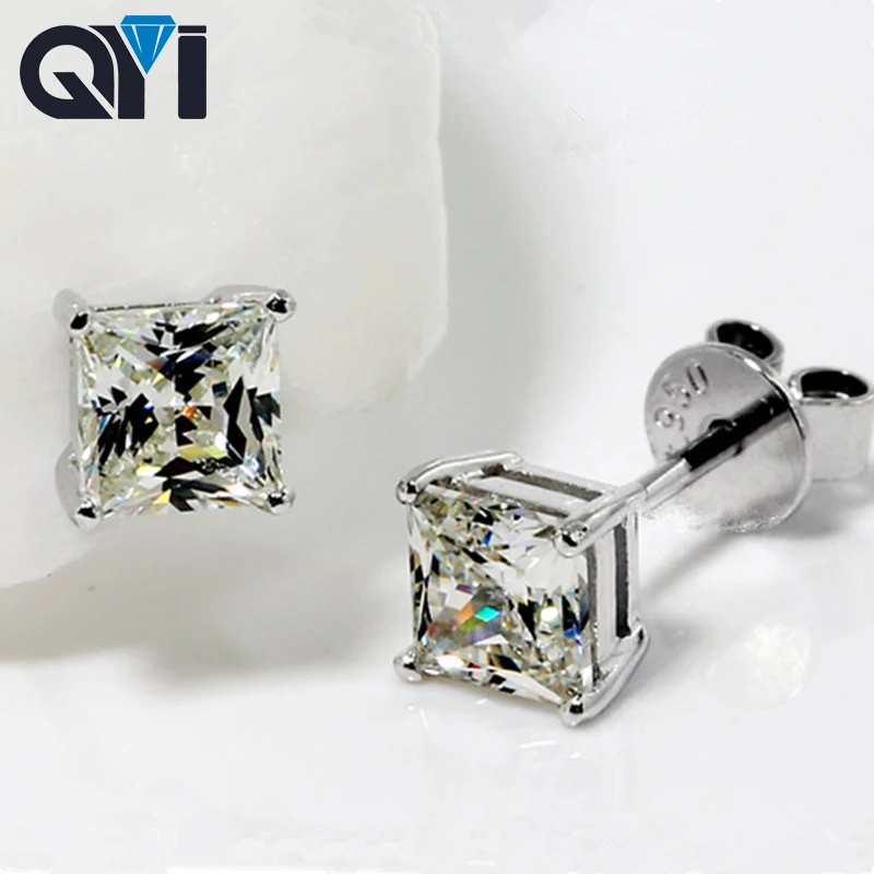 

QYI Halo Earring For Women 925 Sterling Silver 4 Prongs Princess Cut 0.8 ct Stud Earring Women Engagement Wedding