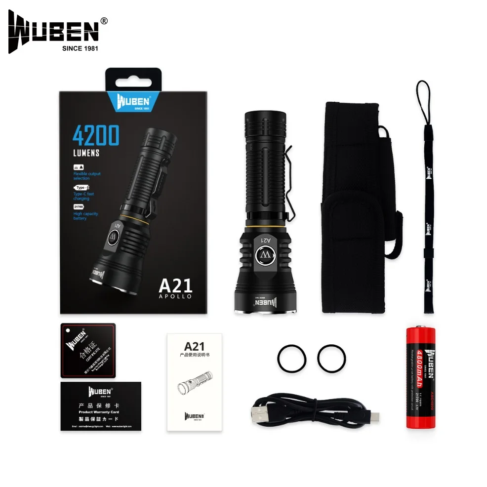 Светодиодный фонарик WUBEN A21 CREE XHP70 4200 люмен с USB Перезаряжаемый наружный батареей