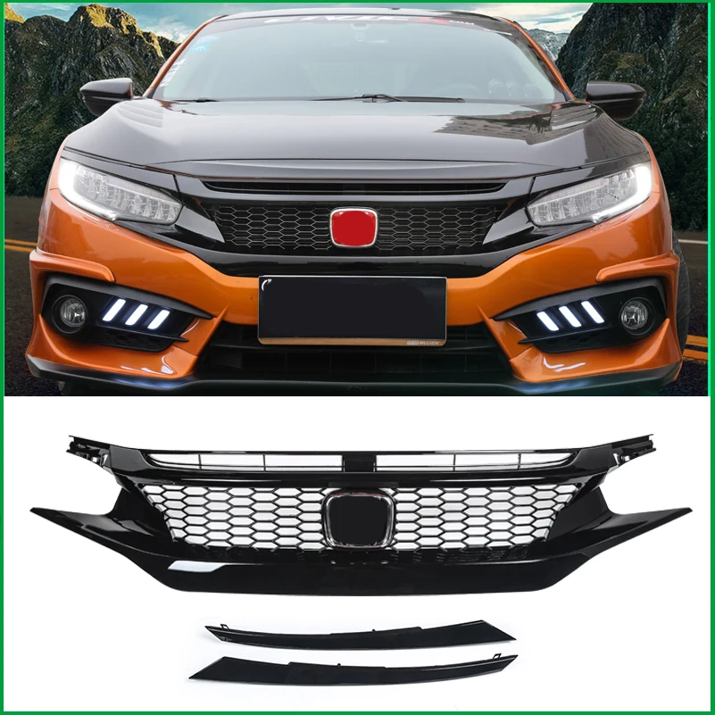 Car Styling Exterior Parts Racing Grills For HONDA Civic 10th 2016 2017 honeycomb Style Grills ABS Material Black Grill Cover Car Styling Exterior Parts Racing Grills For HONDA Civic 10th 2016 2017 honeycomb Style Grills ABS Material Black Grill Cover