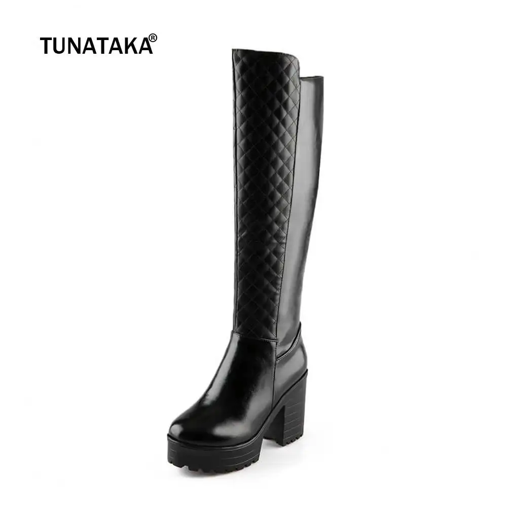 

Women Winter Warm Fur Knee High Boots Platform Thick Heels Fashion Side Zipper Tall Boot Footwear Black White