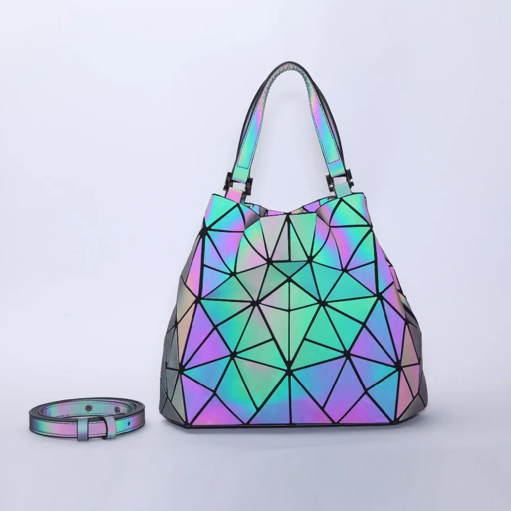 

Famous Brand Designer Luminous Holographic Geometric Bucket Tote Bag Bolsa for Women Feminina De Marca Famosa
