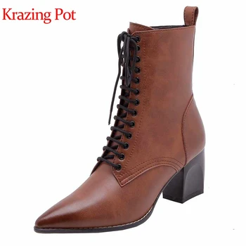 

Krazing pot 2018 new arrival genuine leather vintage color high heels ankle boots fashion boots women keep warm winter shoes L08