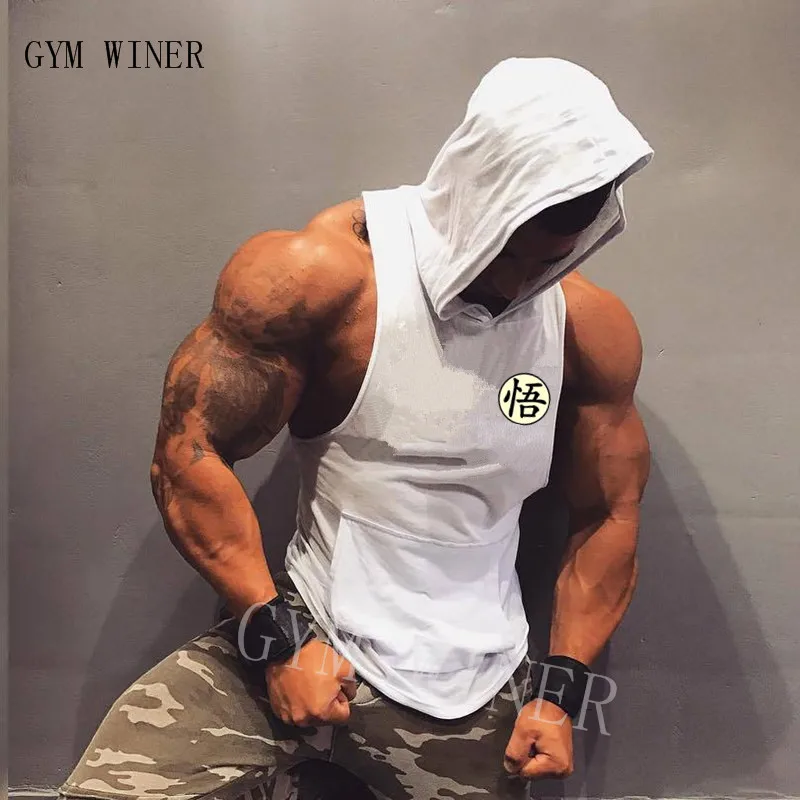 

Summer Cotton Dragon Ball Goku men Tank Tops Hooded Black White Singlets Sleeveless fitness men vest Bodybuilding Casual
