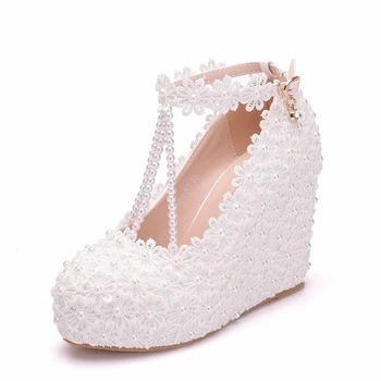 

Wedges Pearl Lace Flowers High Heels Shoes Women Crystal Wedding Shoes Elegant Round Toe Pumps Ladies Plus Size XY-A0310