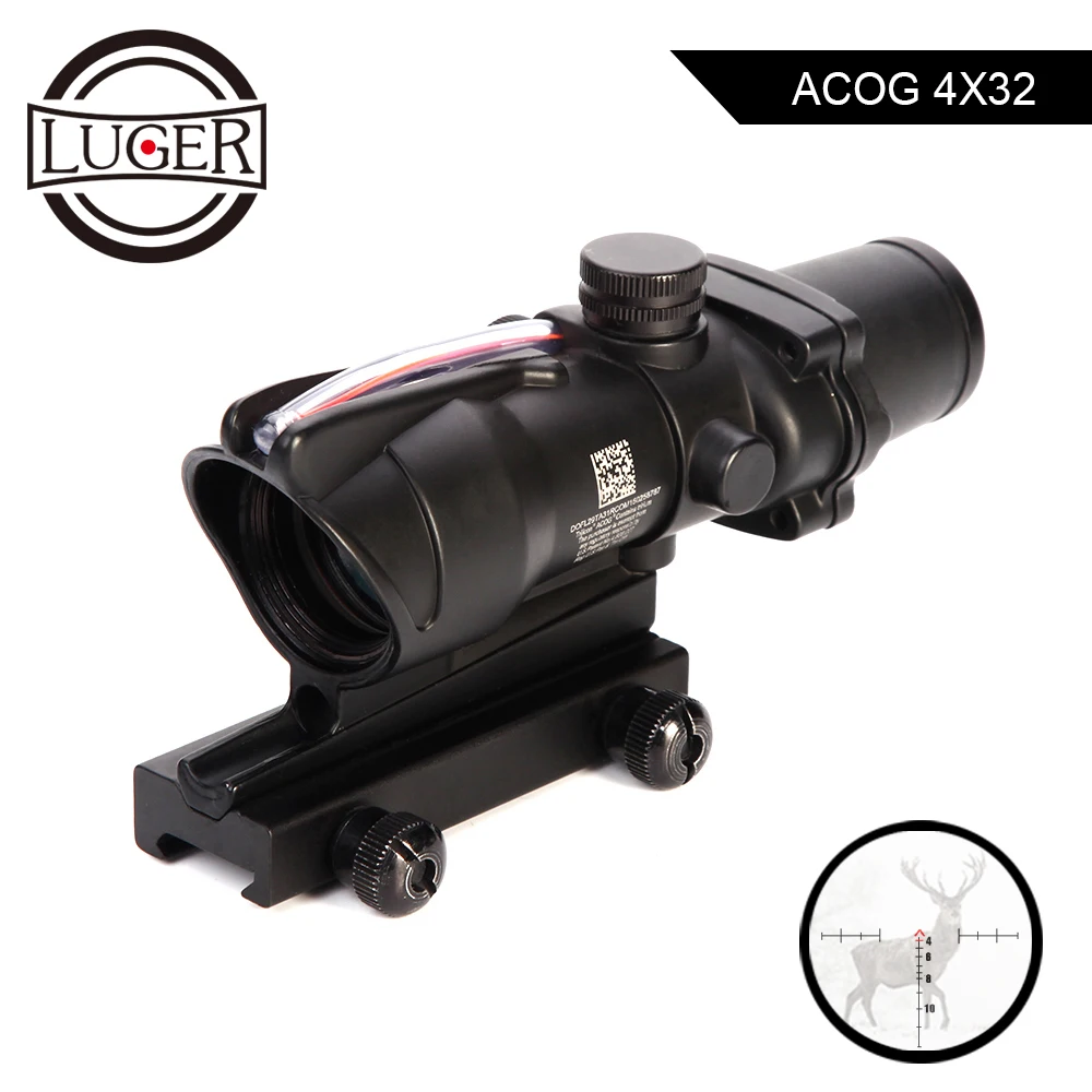 

LUGER Hunting Scope ACOG 4X32 Real Fiber Optics Red Dot Illuminated Chevron Glass Etched Reticle Tactical Optical Sight Scopes