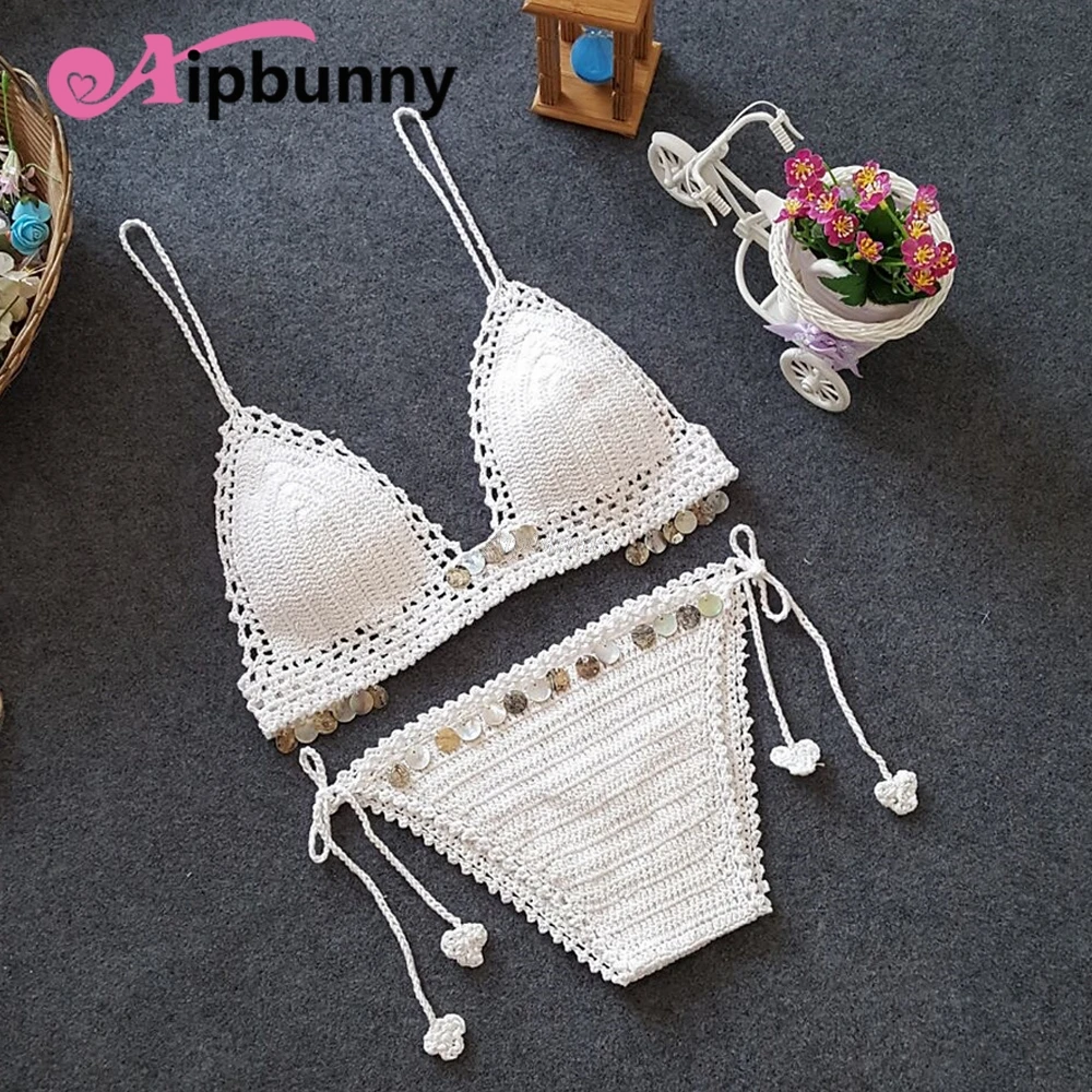 

Sexy Women Handmade Knitted Bikini Sets Summer High Quality Strappy Swimsuit Crochet Bathing suit Femme Brazilian Beach Swimwear