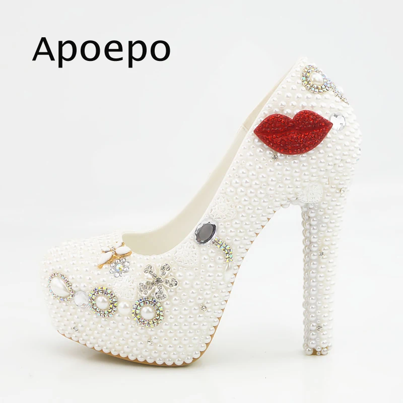 

New White Pearls Red Mouth Decorations high heel shoes woman sexy platform pumps Round toe party dress shoes 2018 new shoes