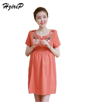 

HziriP Nursing Dress Pregnant Women Dress Floral Embroidery Loose Maternity Knee-Length Dress Short Sleeves O-neck Size S-XXL