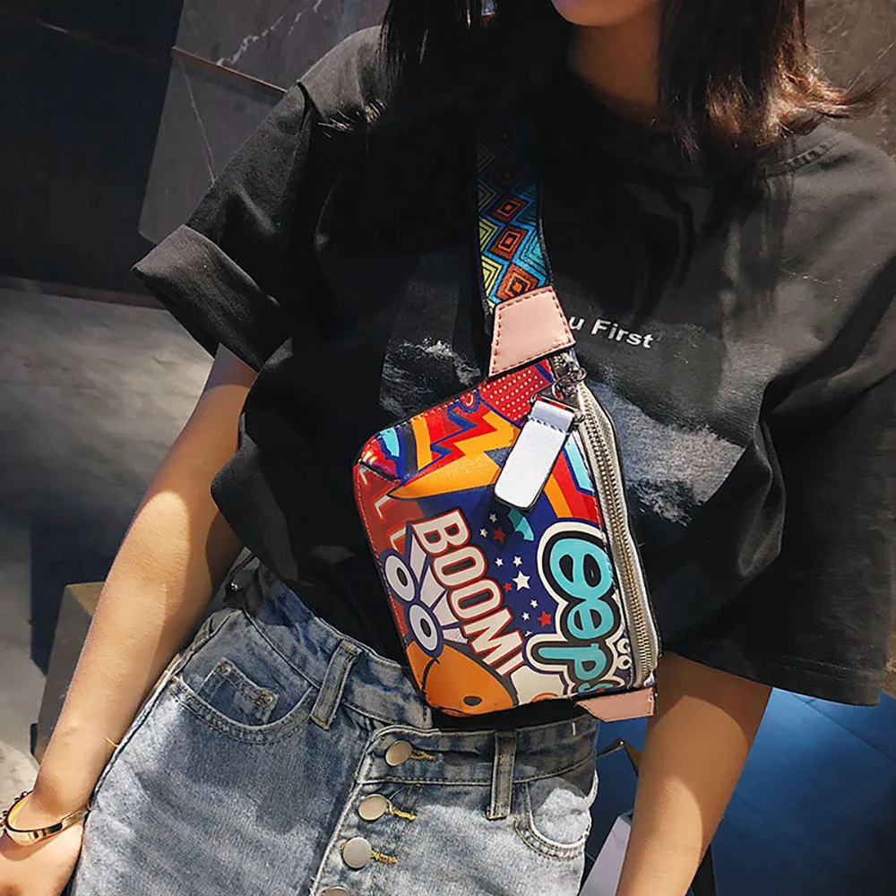 

Women Chest Shoulder Bag Harajuku style Graffiti Printed Wide Shoulder Strap Messenger Bag sac a main femme tasjes dames sac new