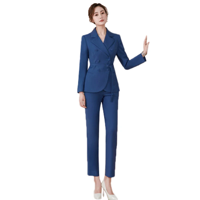 Pièce Les Double Blue Lx2616 Manches coffee Pantalons Hot blue Wear Blazer Ensemble dark Lady Pour Costumes Work Nouveau Boutonnage Survêtement Femmes Longues black Pink 2 2019 nzYqZUvx