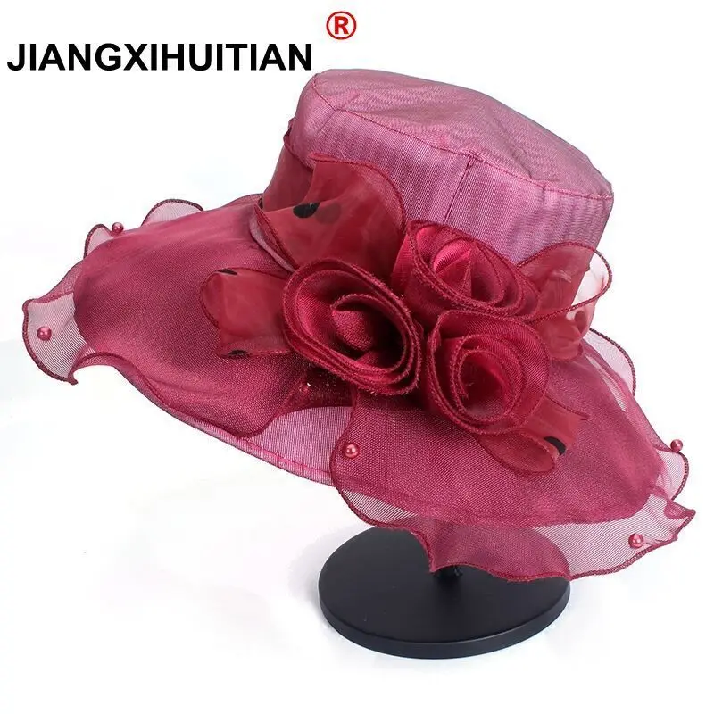 

jiangxihuitian 2018 new Summer Hats for Women Church Wedding Wide Brim Foldable Pearls Sun Hat Beach Trilby Cap Sun Derby Hats