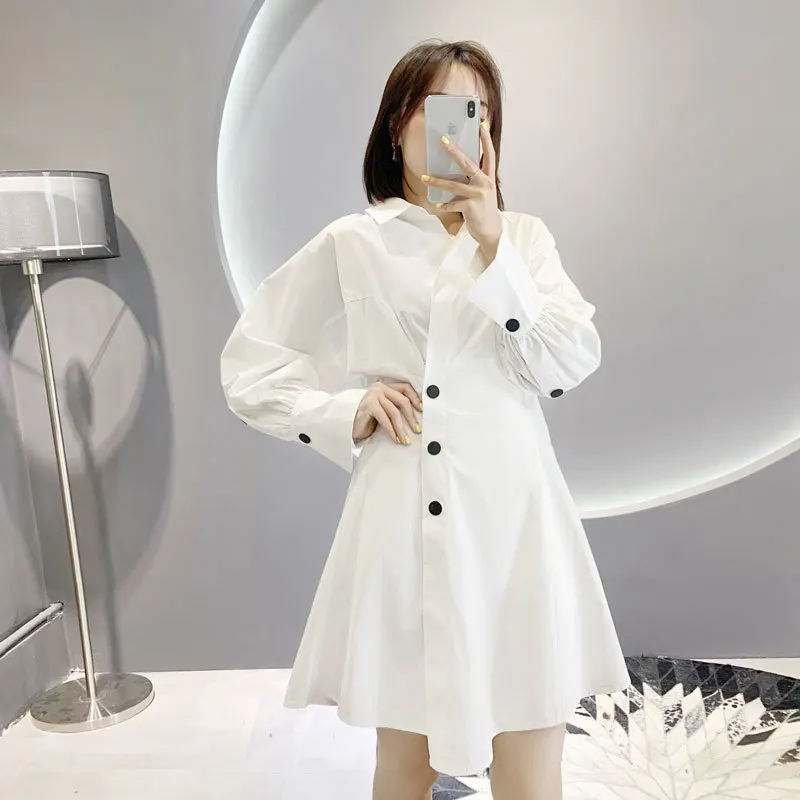 

[EWQ]2019 New High Quality Turn -down Collar A Row Of Later Sleeves Touch High Waist White Dress Female Shirt Style Wf04300l