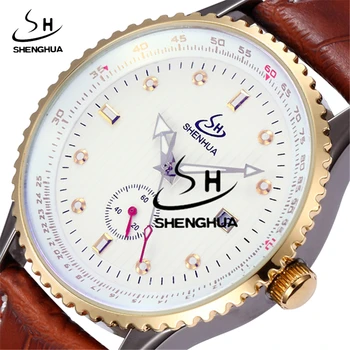 

2017 Fashion SHENHUA Automatic Mechanical Self-Wind Sport Gold Gear Case Calendar Dial Real Leather Strap Men Wrist Watch