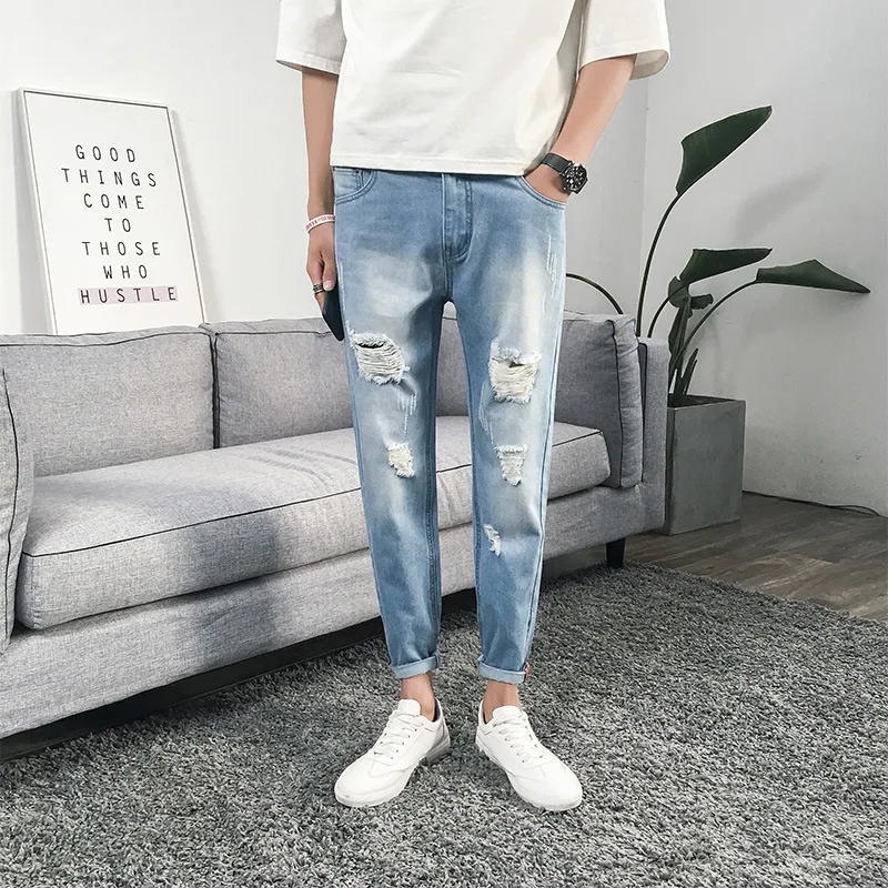 

2019 Spring New Men's Hole Jeans Men's Summer Micro-elastic Slim Feet Nine Pants Hole Hip Hop Jean Men's Jeans Pants