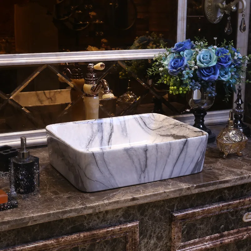 

Europe style China Handmade Lavabo ceramic porcelain Washbasin Artistic Bathroom Sink countertop bowl sink Rectangular basin