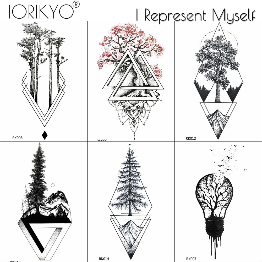 

IORIKYO Black Geometric Old Pine Tree Temporary Tattoo Women Arm Stickers Men Fashion Waterproof Tatoos Forest Tattoo Decals