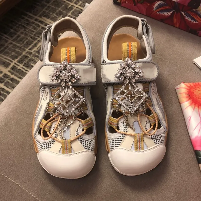 

Closed Round Toe Women Casual Shoes Flat Sandals Summer Unsix Sandals Men's Fashion Shoes Air Mesh New Hook Loop Female Sandals