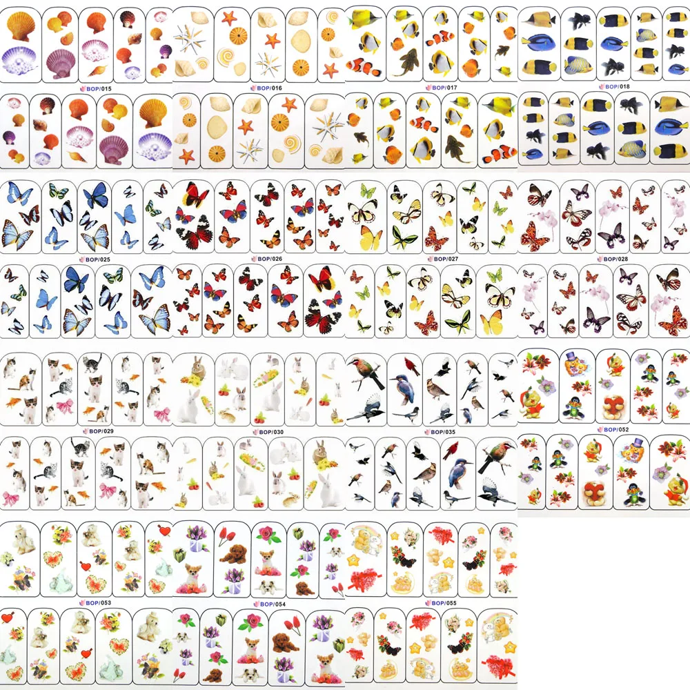

2PCS BOP3 Cute Sea Shell Fish Butterfly Birds Kitty Dog Water Transfer Decal Nail Art Water Decal