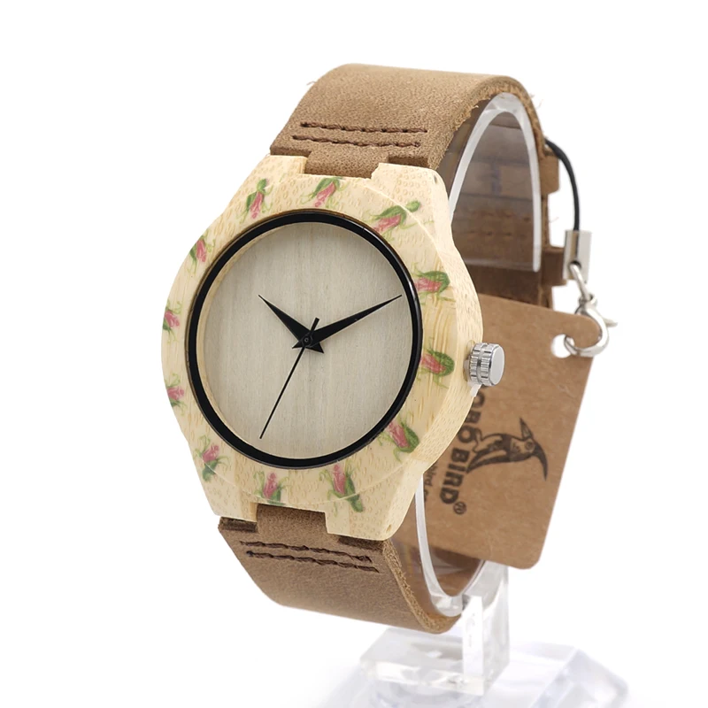 

2017 TOP Brand BOBO BIRD Women's Watches Handmade Bamboo Watches Leather Band Luxury Print Ladies Wood Watch C-E01