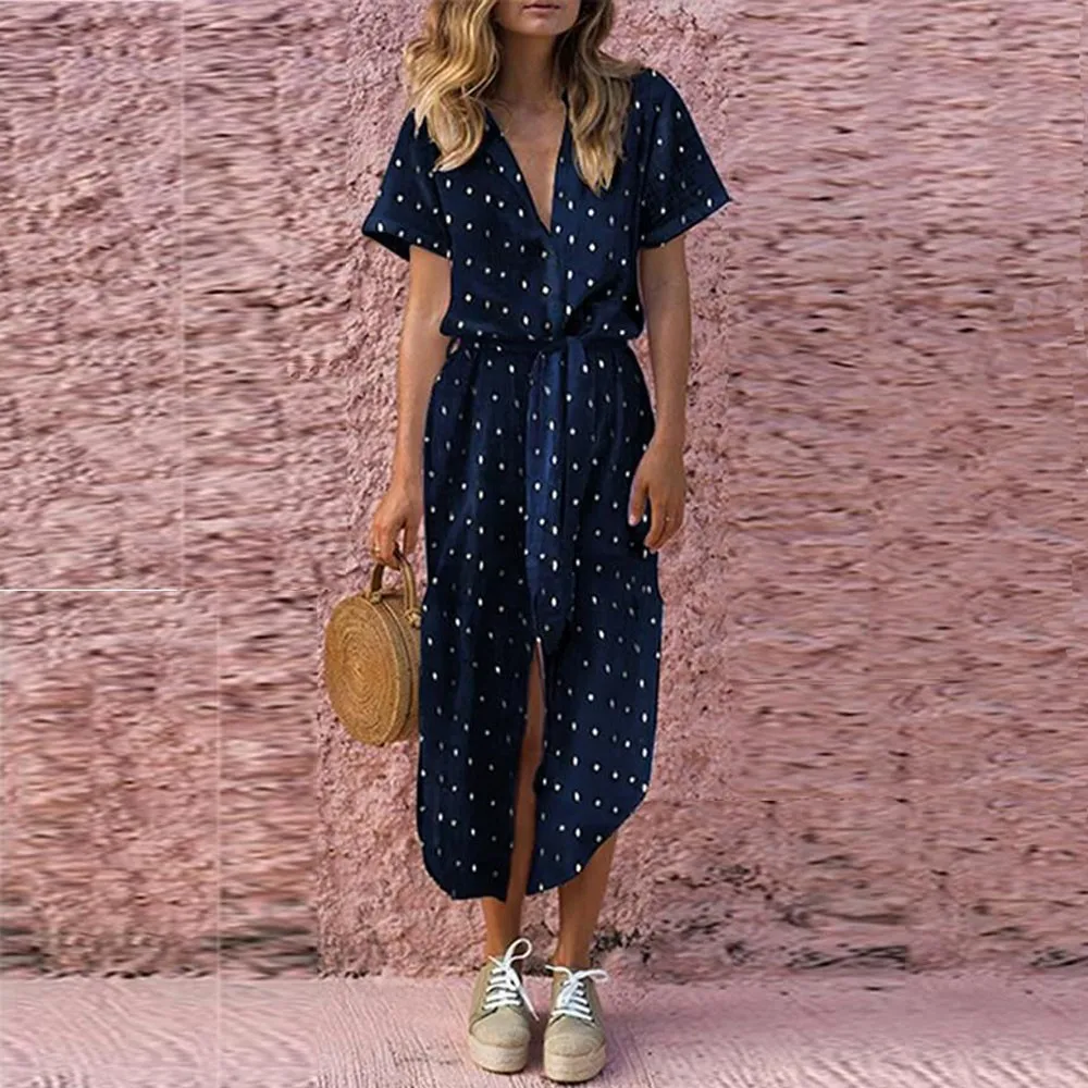 

Summer Dress Women 2019 Boho Daily Bow Tie V Neck Dot Button Dress Women Short Sleeve Soild Long Dress Beach Sundress vestidos