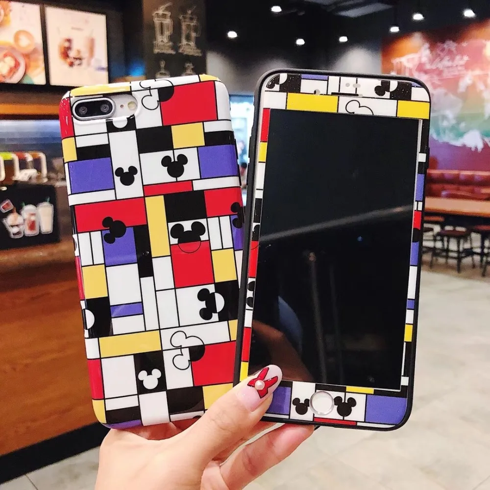 

(1PC) 360 Full Cover Mickey Minnie TPU Phone Case +tempered Glass for IPhone XS MAX xR X 6 7 8 PLUS 6S cute checked cover