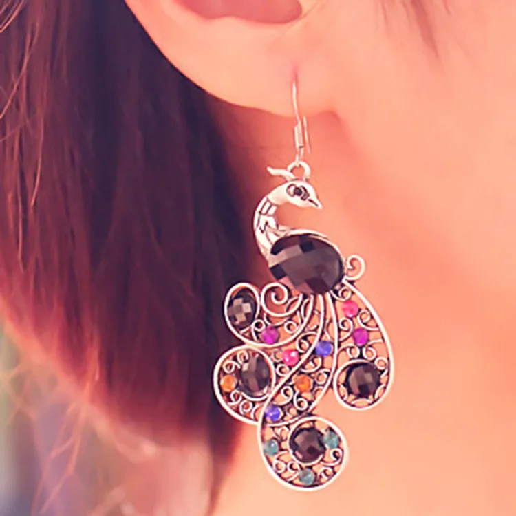 

EDI Colorful Precious Mult Stone Womens Long Earings Jewelry Phoenix Peacock Feather With Bohemian Ethnic Style T004
