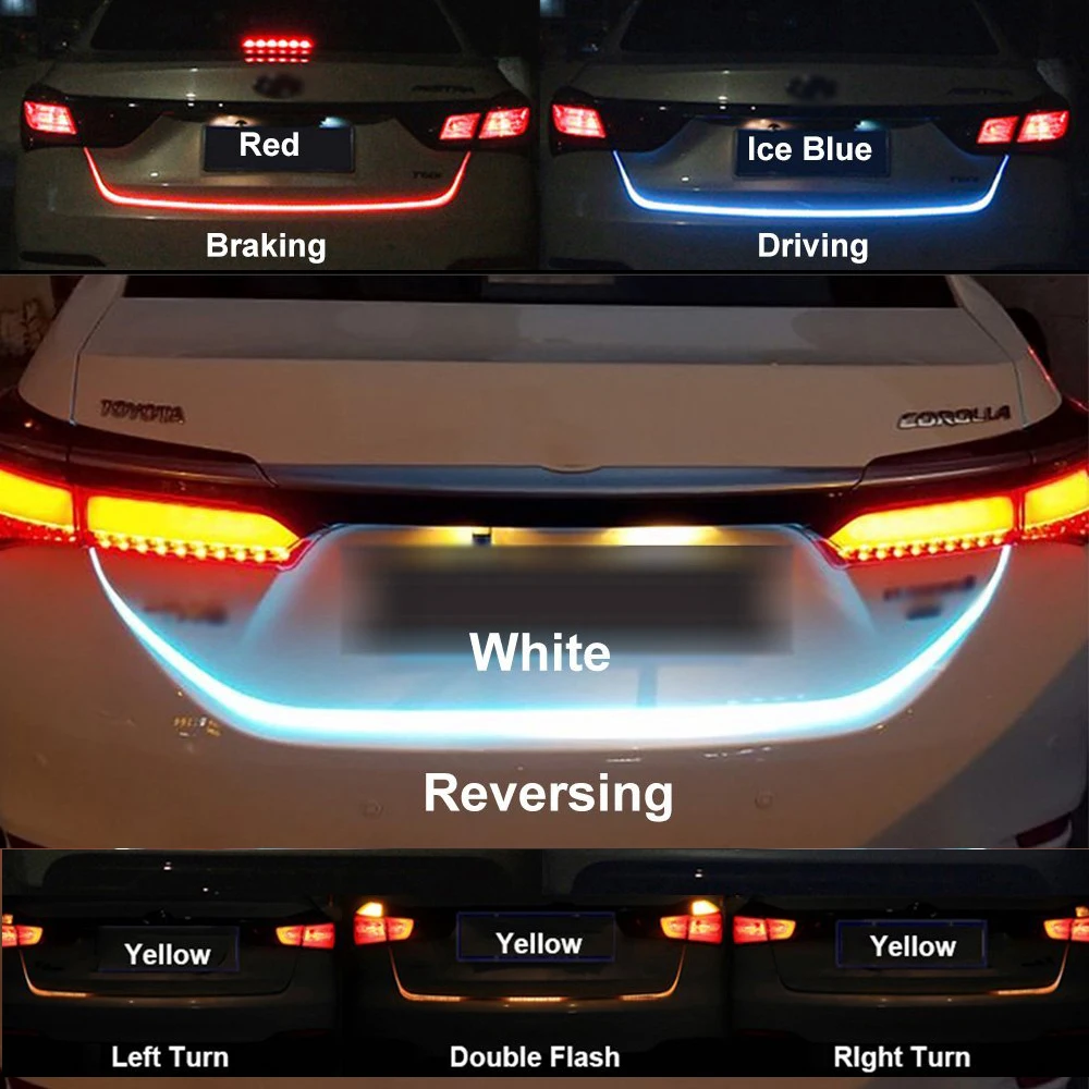 

Ice Blue Red Yellow Turn Signal Flow Led strip trunk Tail Light LED DRL Reverse Brake Light for BMW TOYOTA SUV JEEP Etc