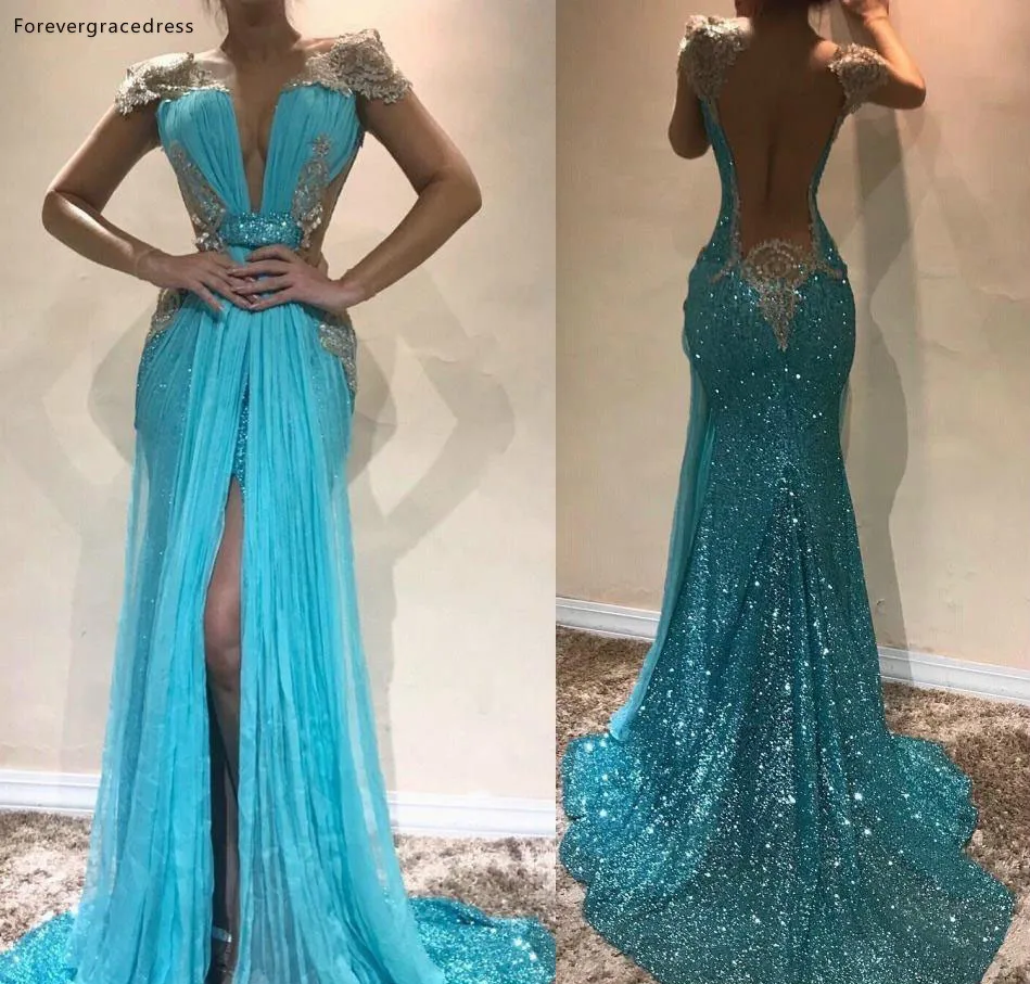 2019 Formal Evening Dresses Front Split Lace Appliqued Cap Sleeves Sexy Open Back Sequined Women Party Prom Gowns Vestidos 148 (2)