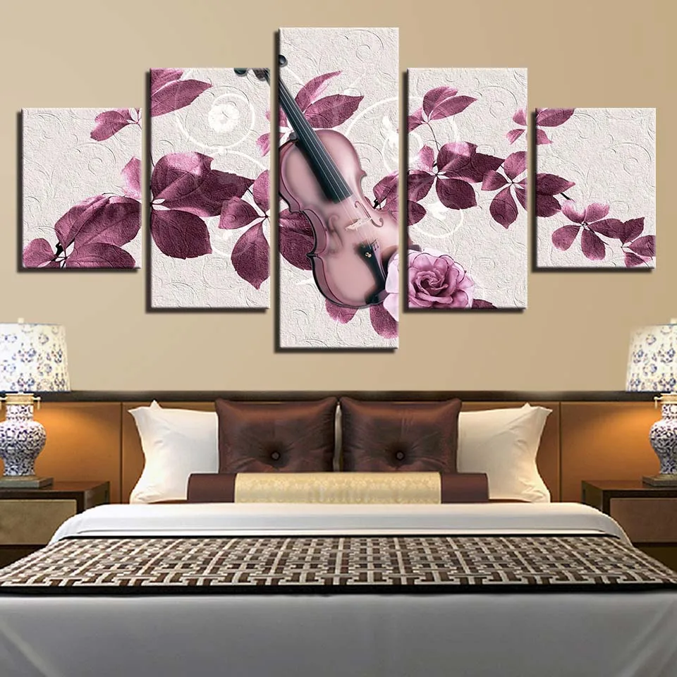 

Canvas Pictures Wall Art Framework Modular Home Decor 5 Pieces Violin And Flower Painting Modern HD Print Poster For Living Room