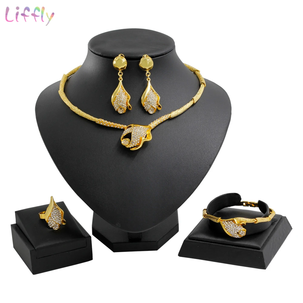 

Fashion Jewelry Sets Dubai Gold Necklace Crystal Earring for Women Rose Shape Ring Engagement Charm Bracelet Wedding Jewelry Set