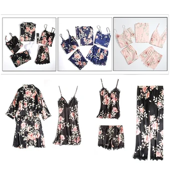 

Sexy Women 5PC Pajamas Strap Top Pants Suit Sleepwear Sets Spring Summer Home Wear Nightwear Kimono Bath Robe Gown Bathrobe M-XL
